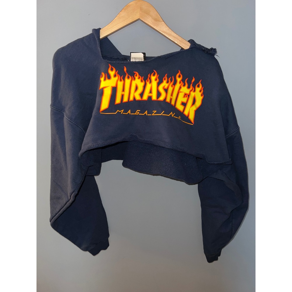 Thrasher Magazine DIY Raw Cut Crop Hoodie Navy Blue Flame Logo Distressed Large